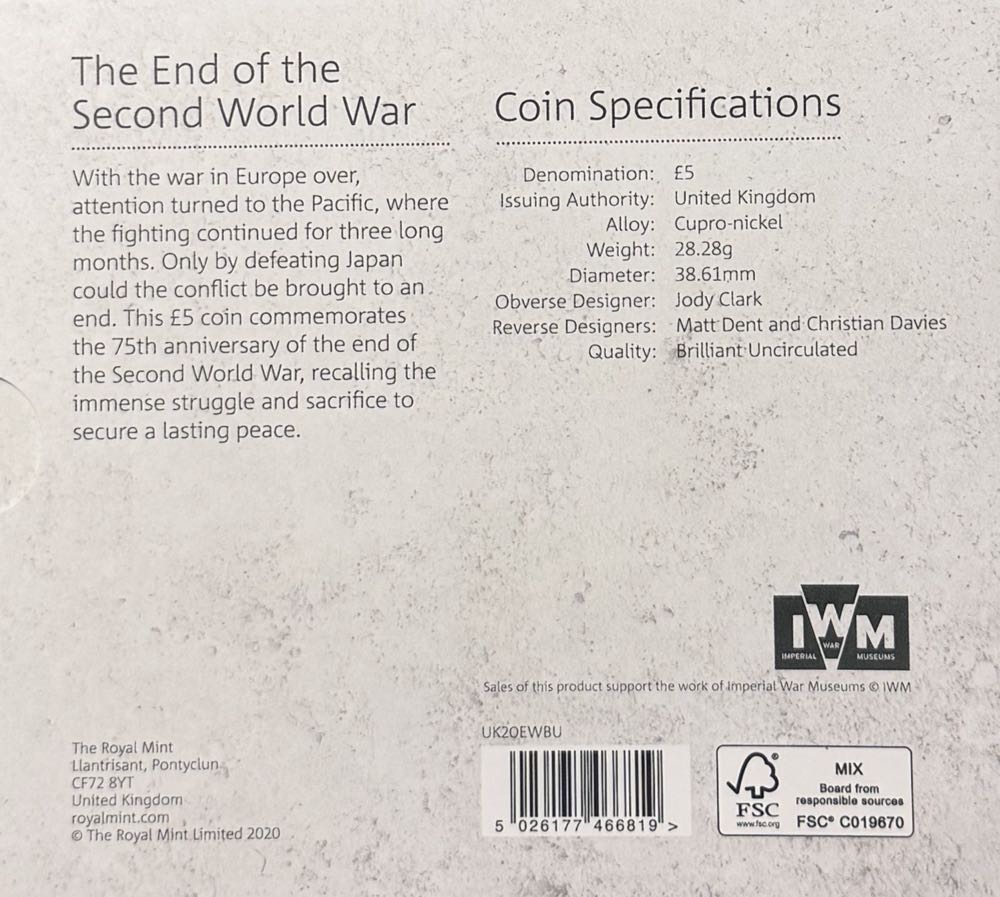 2020 The End Of The Second World War £5  coin collectible - Main Image 4