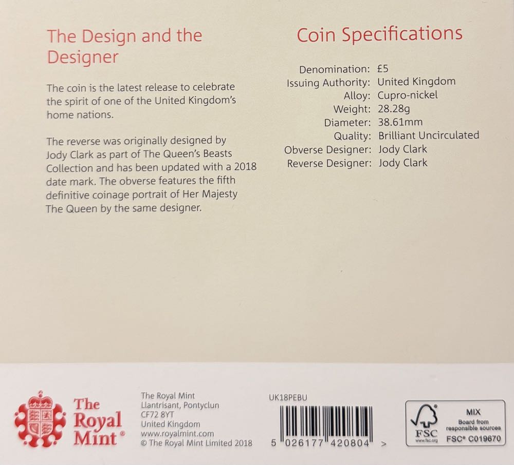 2018 The Lion Of England £5  coin collectible - Main Image 4