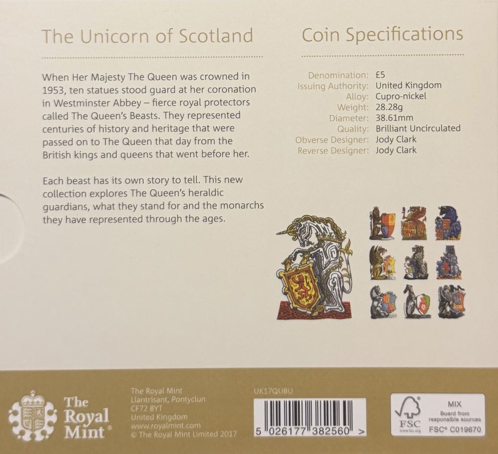 2017 The Unicorn Of Scotland £5  coin collectible - Main Image 4
