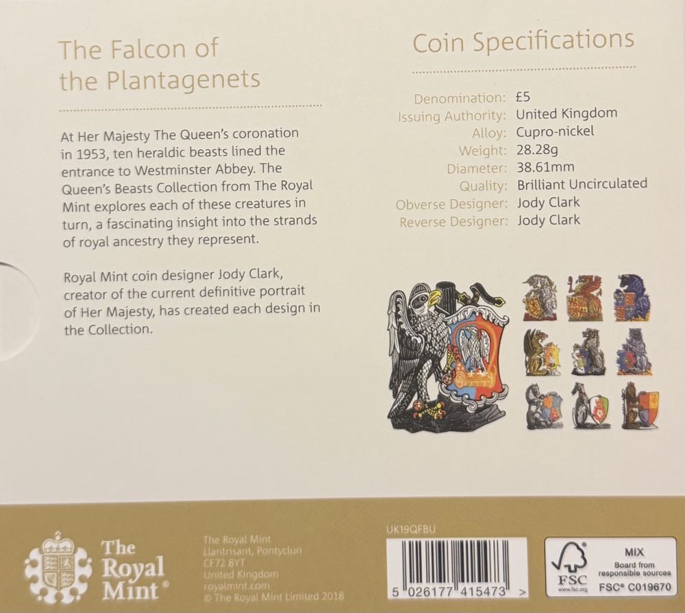 2019 The Falcon Of The Plantagenets £5  coin collectible - Main Image 4