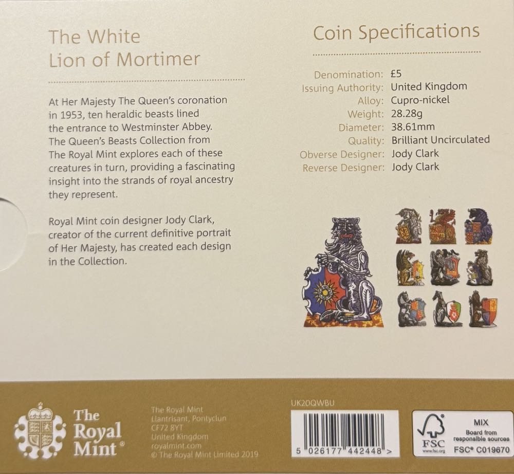 2020 The White Lion Of Mortimer £5  coin collectible - Main Image 4