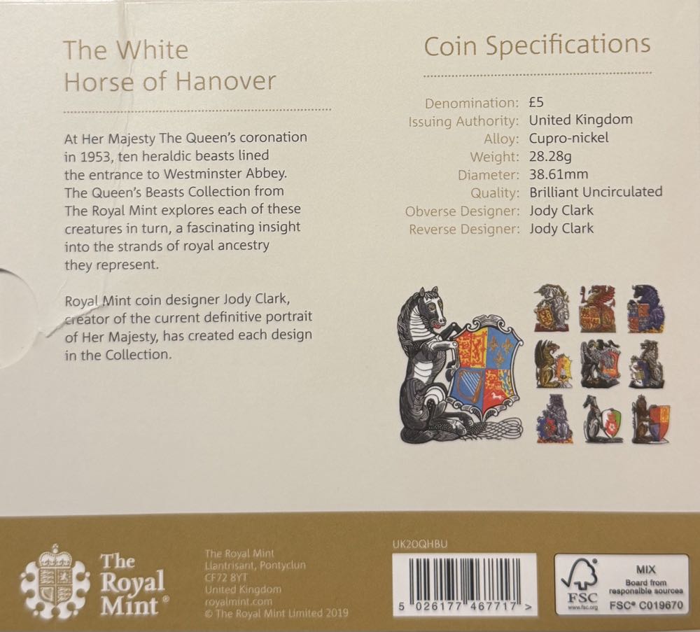 2020 The White Horse Of Hanover £5  coin collectible - Main Image 4