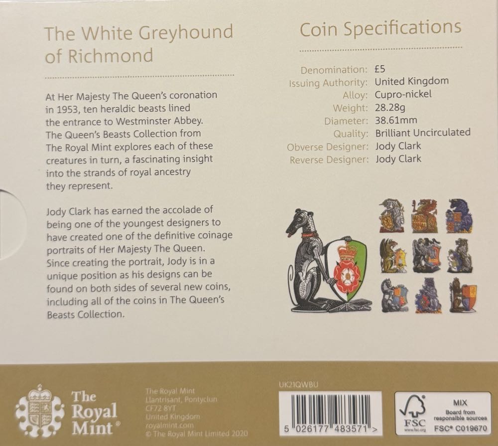 2021 The White Greyhound Of Richmond £5  coin collectible - Main Image 4