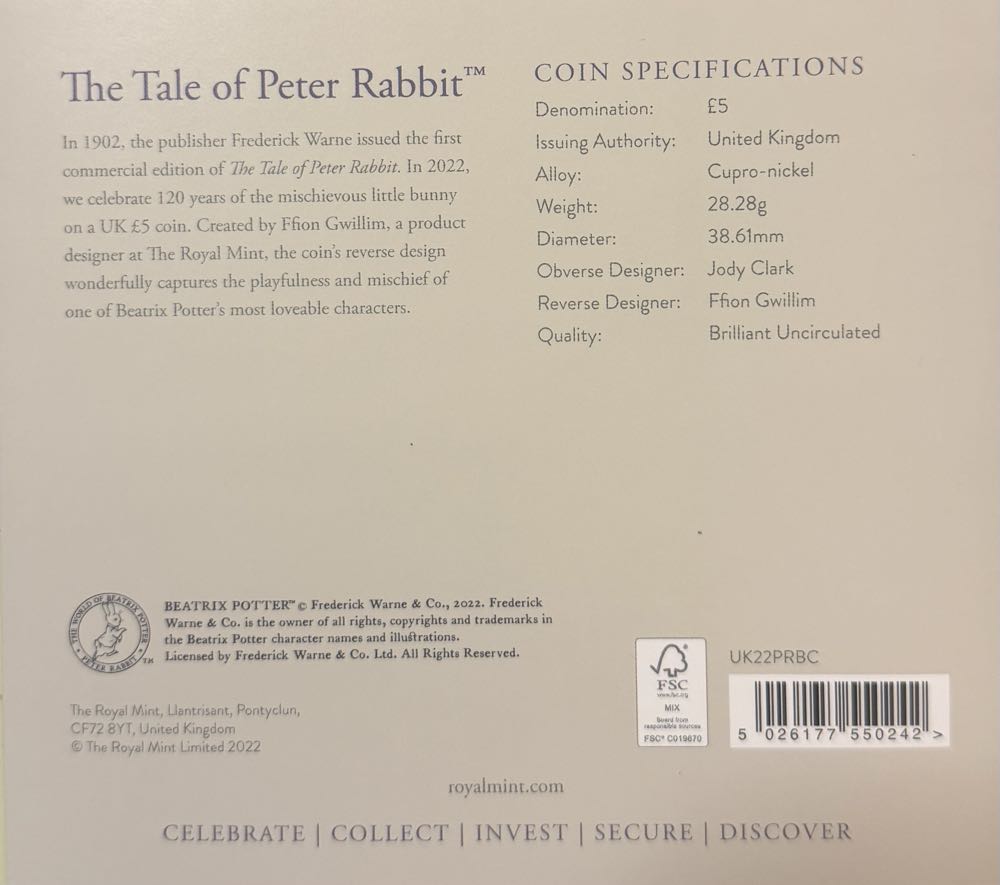2022 The Tale Of Peter Rabbit £5  coin collectible - Main Image 4