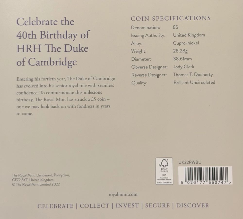 2022 Duke Of Cambridge 40th Birthday £5  coin collectible - Main Image 4