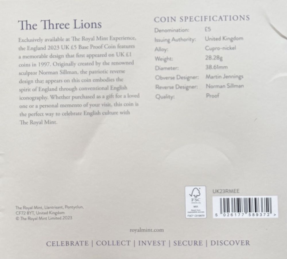 2023 The Three Lions £5 (2)  coin collectible - Main Image 4