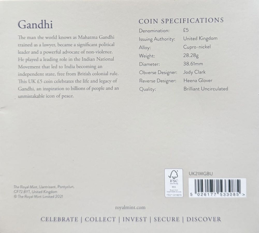 2021 Mahatma Gandhi £5  coin collectible - Main Image 4