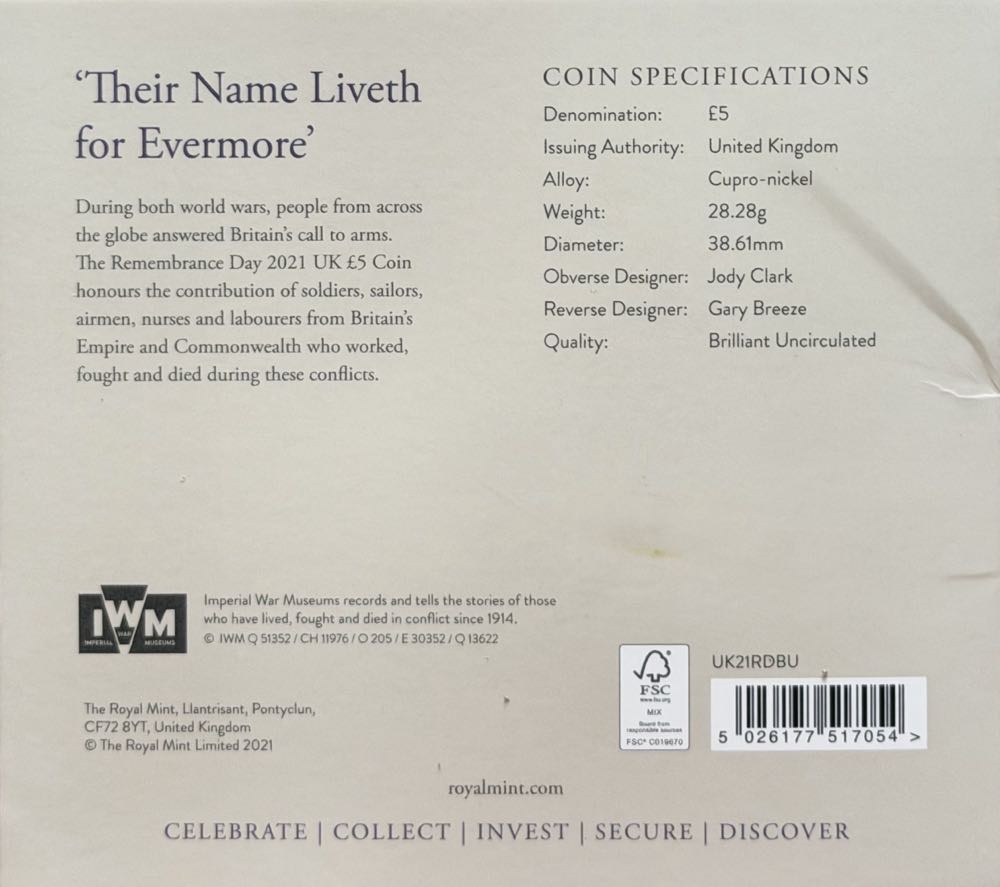 2021 The Remembrance Day £5  coin collectible - Main Image 4