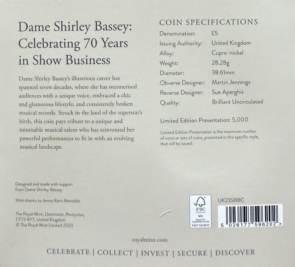 2023 Dame Shirley Bassey £5  coin collectible - Main Image 4