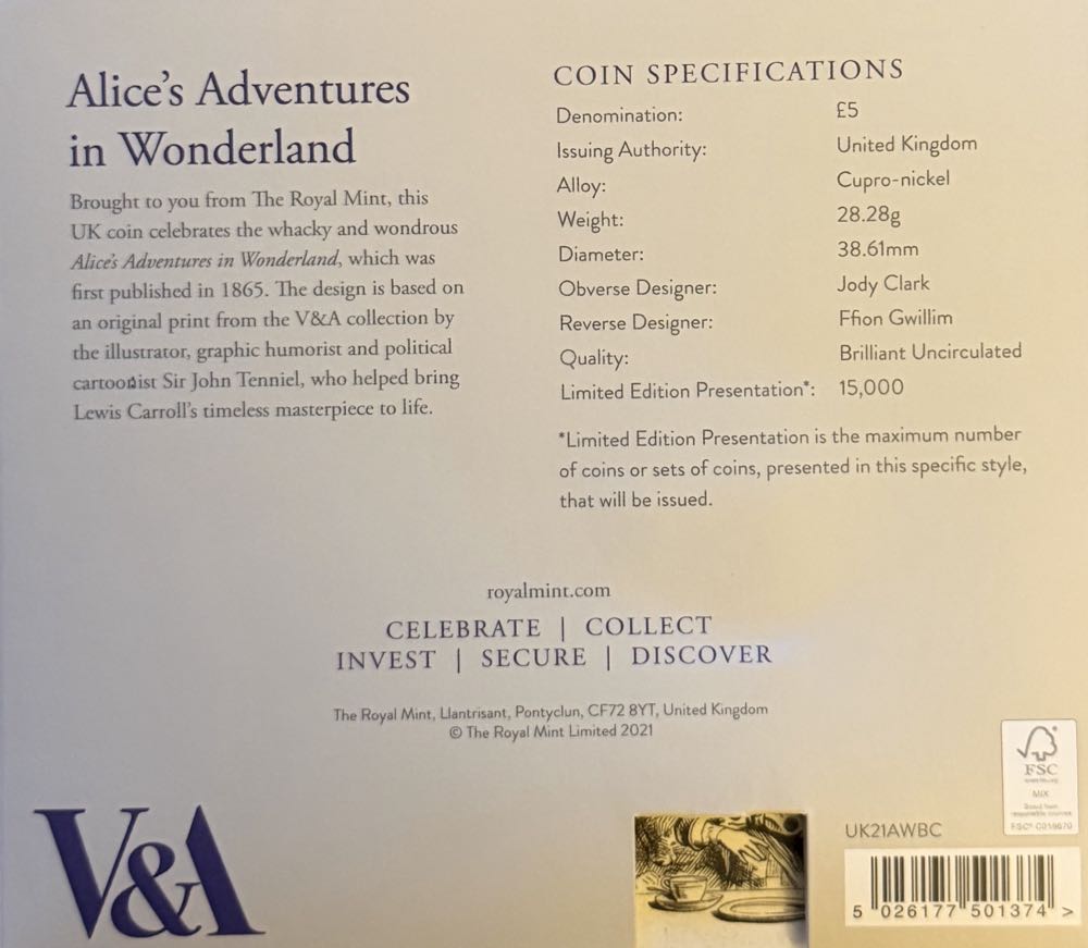 2021 Alice’s Adventures In Wonderland £5  coin collectible - Main Image 4