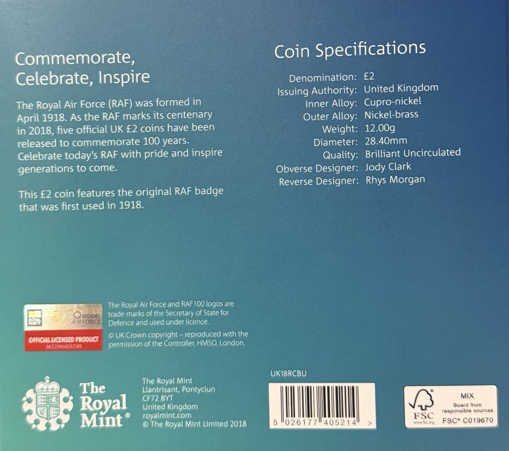 2018 RAF Centenary Badge £2  coin collectible - Main Image 4