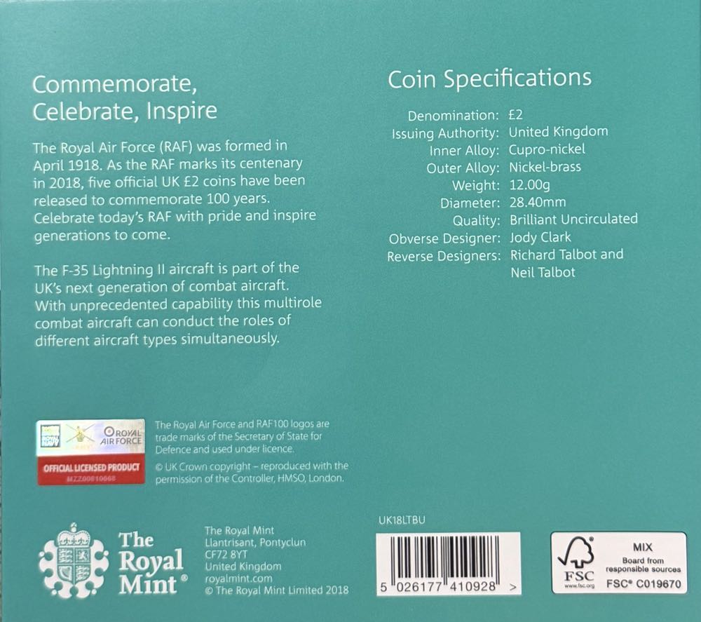 2018 RAF Centenary Lightning II £2  coin collectible - Main Image 4