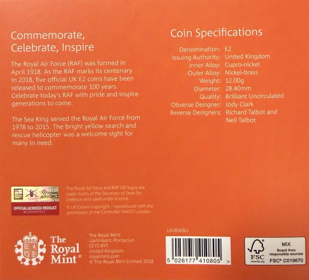 2018 RAF Centenary Sea King £2  coin collectible - Main Image 4