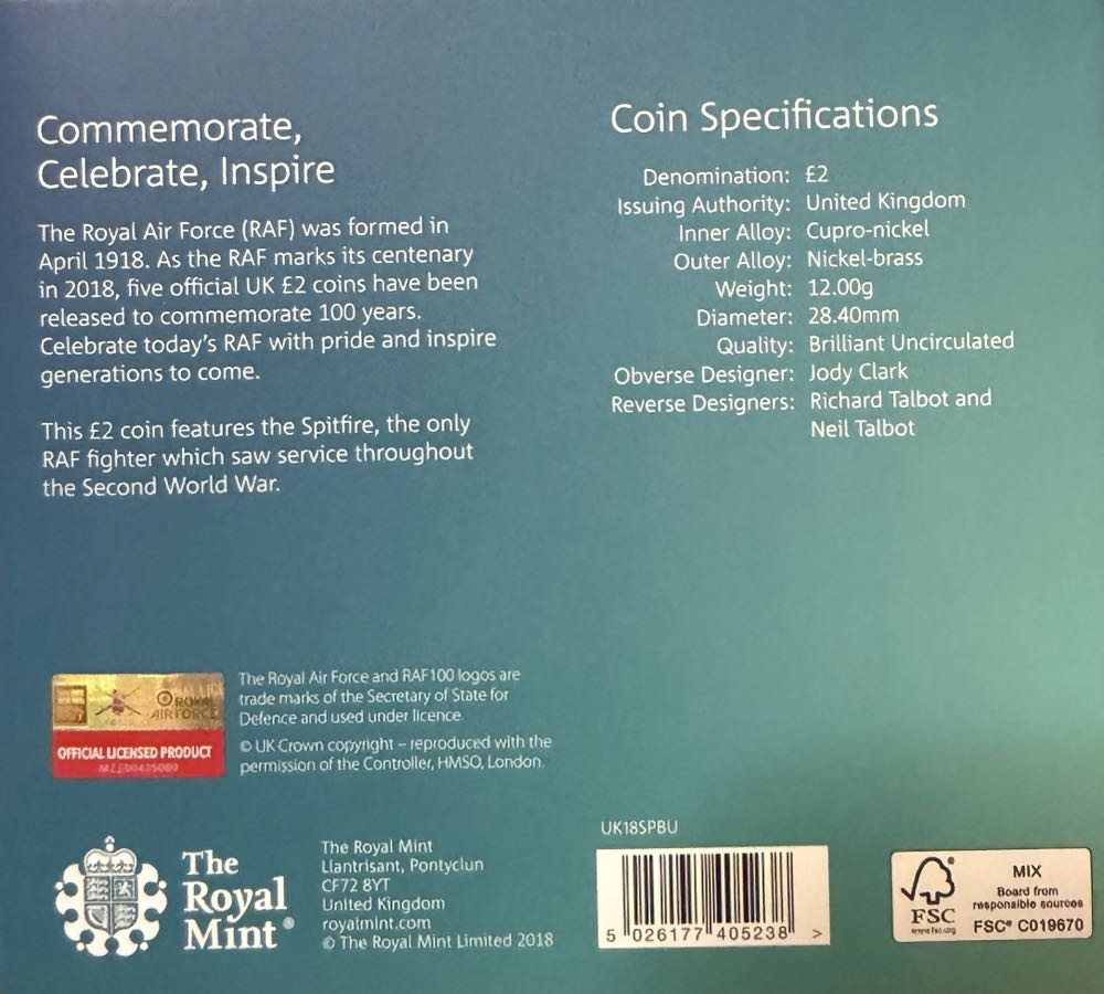 2018 RAF Centenary Spitfire £2  coin collectible - Main Image 4
