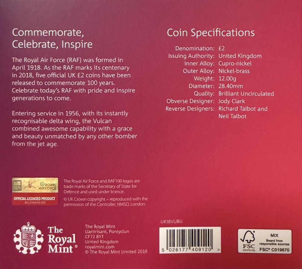 2018 RAF Centenary Vulcan £2  coin collectible - Main Image 4