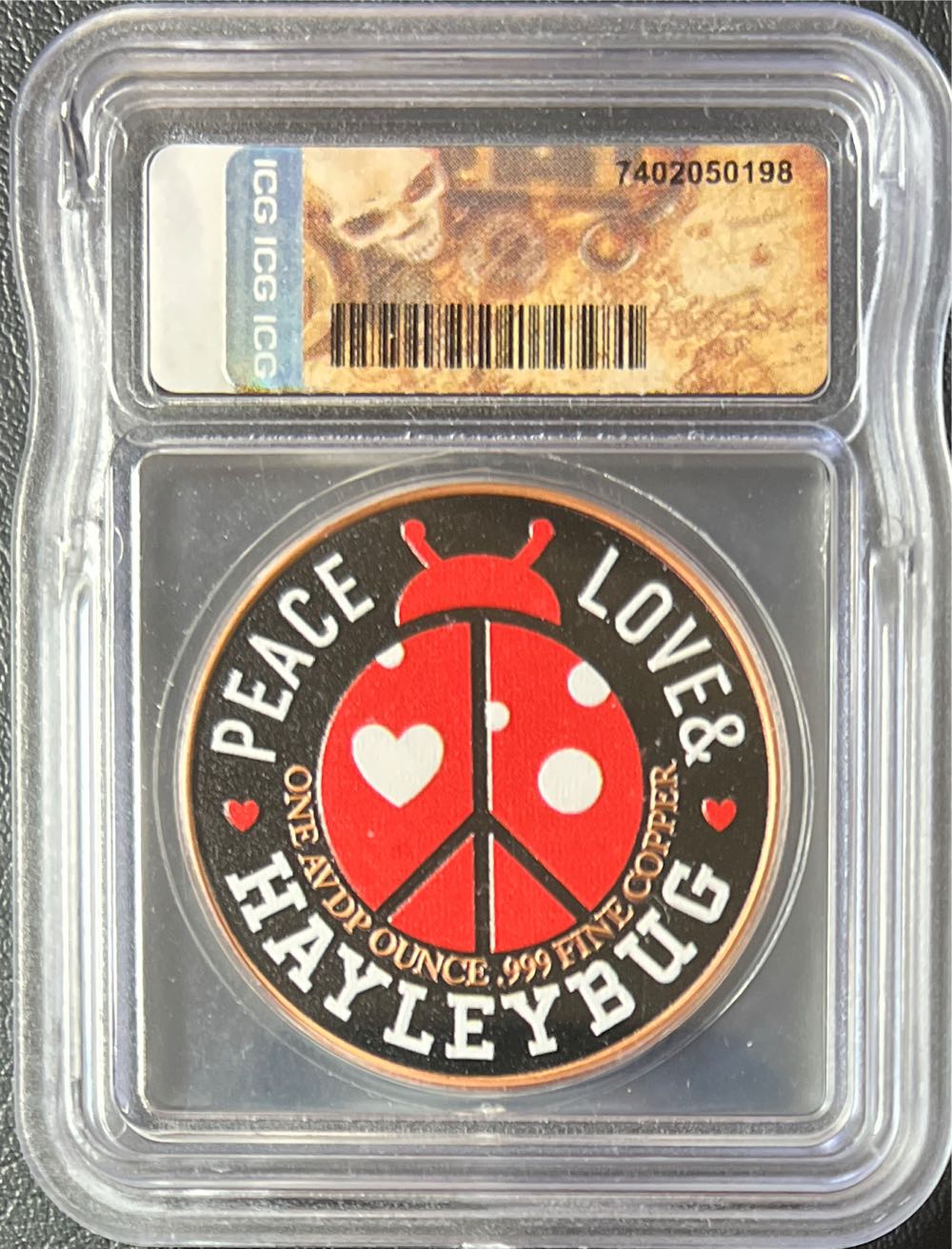 Hayleybug Mint Pirate Skull American Flag Pure Copper Round • 1 oz Fine (.999) Colorized Copper ICG MS70  coin collectible - Main Image 2