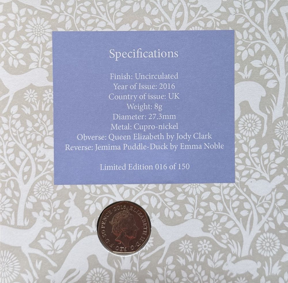 2016 Jemima Puddle-Duck FDC 50p  coin collectible - Main Image 4