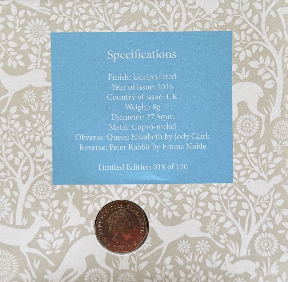 2016 Peter Rabbit FDC 50p  coin collectible - Main Image 4