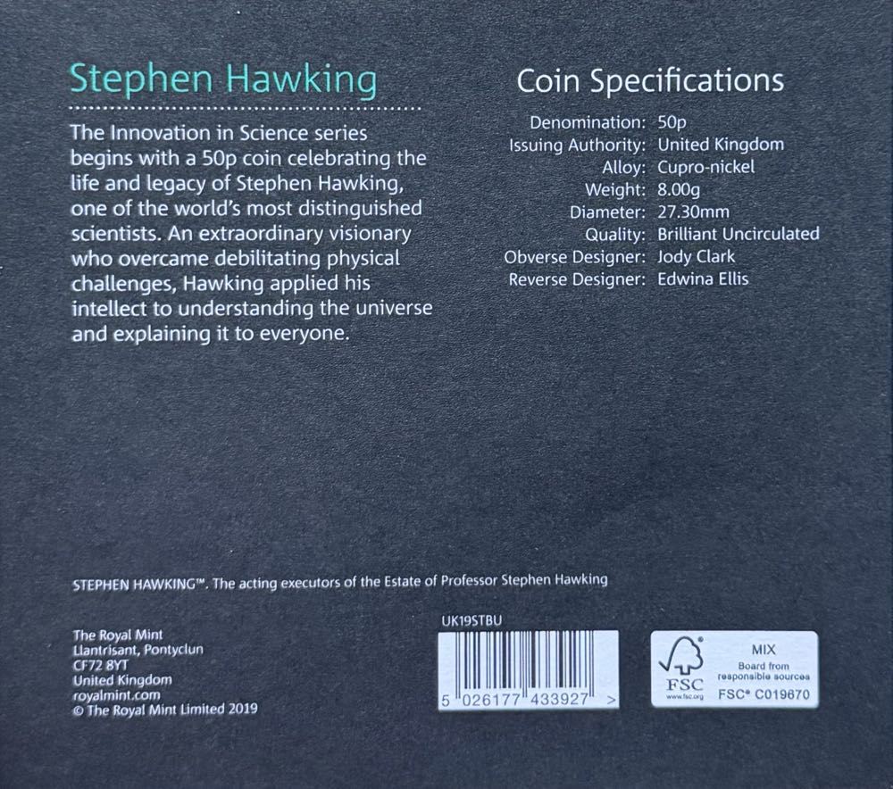 2019 Stephen Hawking 50p (2)  coin collectible - Main Image 4