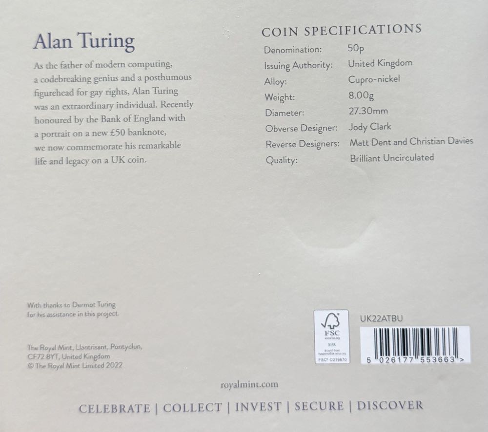 2022 Alan Turing 50p  coin collectible - Main Image 4
