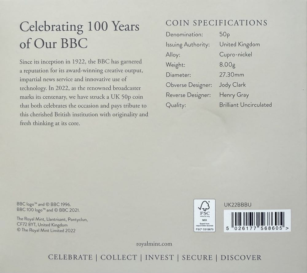 2022 BBC 100th Anniversary 50p  coin collectible - Main Image 4