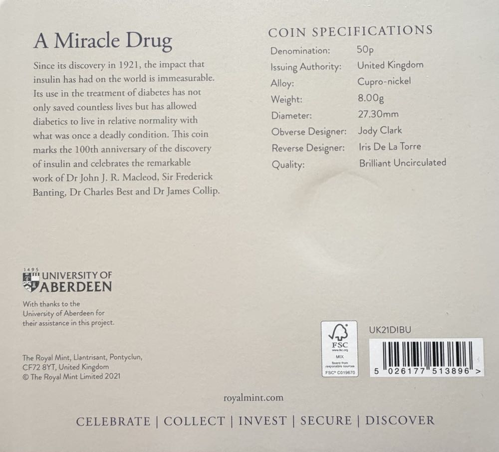 2021 Insulin 100 Years Of 50p  coin collectible - Main Image 4