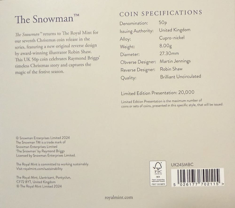 2024 The Snowman Colour 50p  coin collectible - Main Image 4