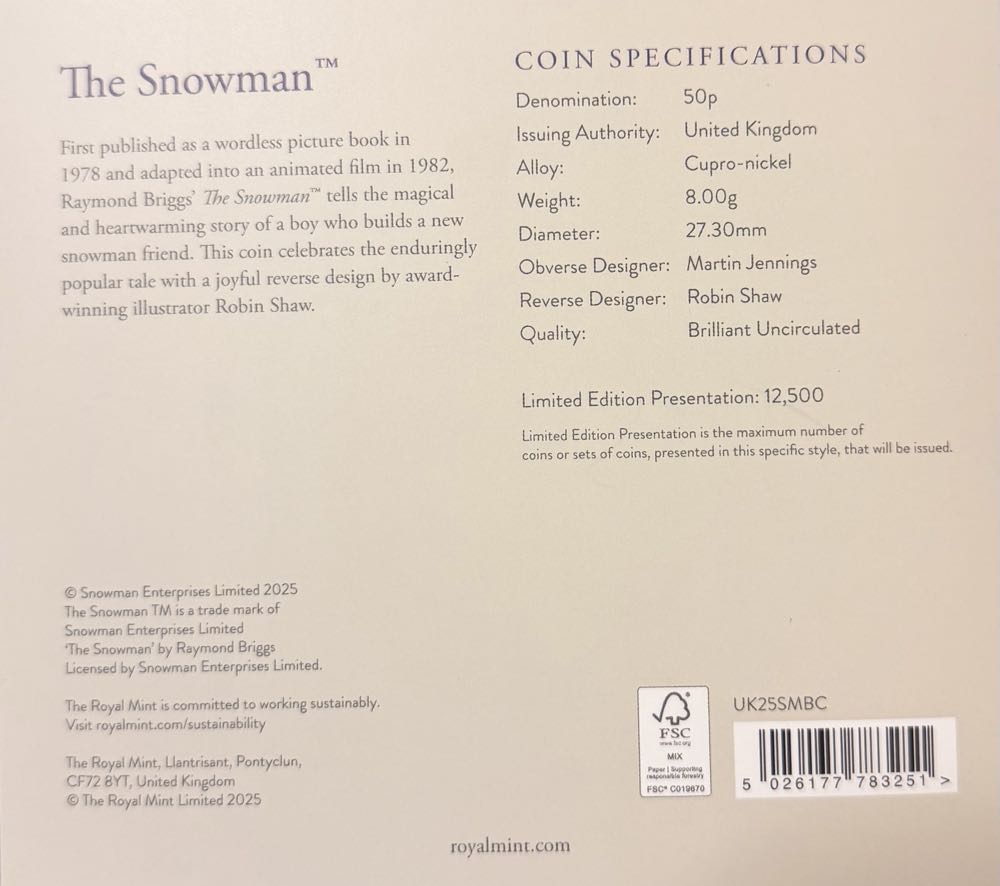 2025 The Snowman Colour 50p  coin collectible - Main Image 4