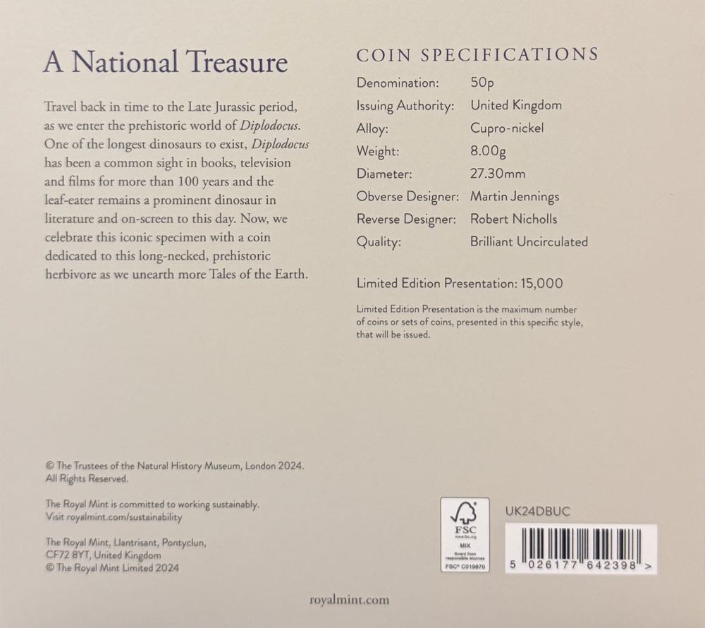 2024 Diplodocus Colour 50p  coin collectible - Main Image 4