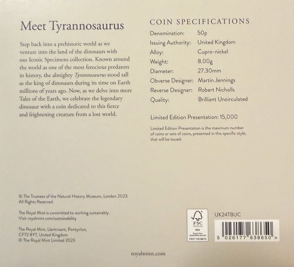 2024 Tyrannosaurus Colour 50p  coin collectible - Main Image 4