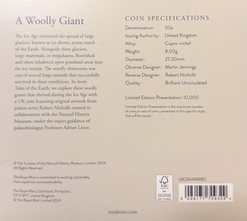 2024 Woolly Rhinoceros Colour 50p  coin collectible - Main Image 4