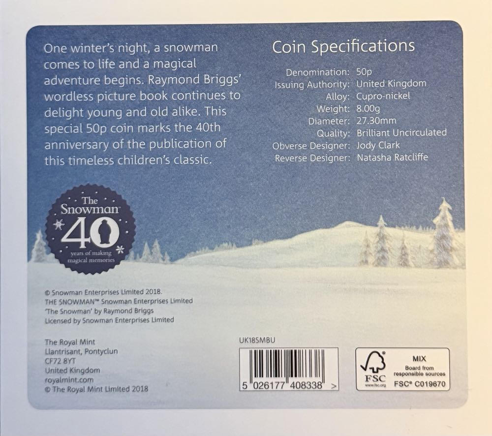 2018 The Snowman 50p (2)  coin collectible - Main Image 4