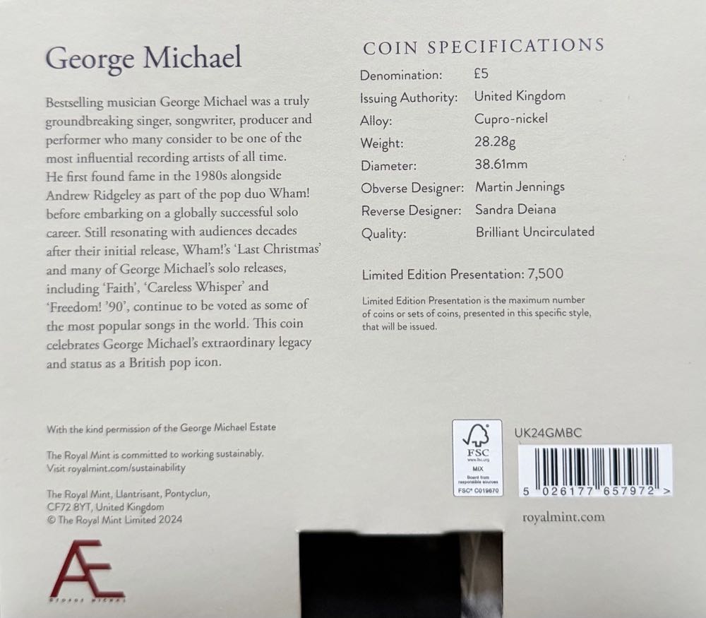 2024 George Michael £5  coin collectible - Main Image 4
