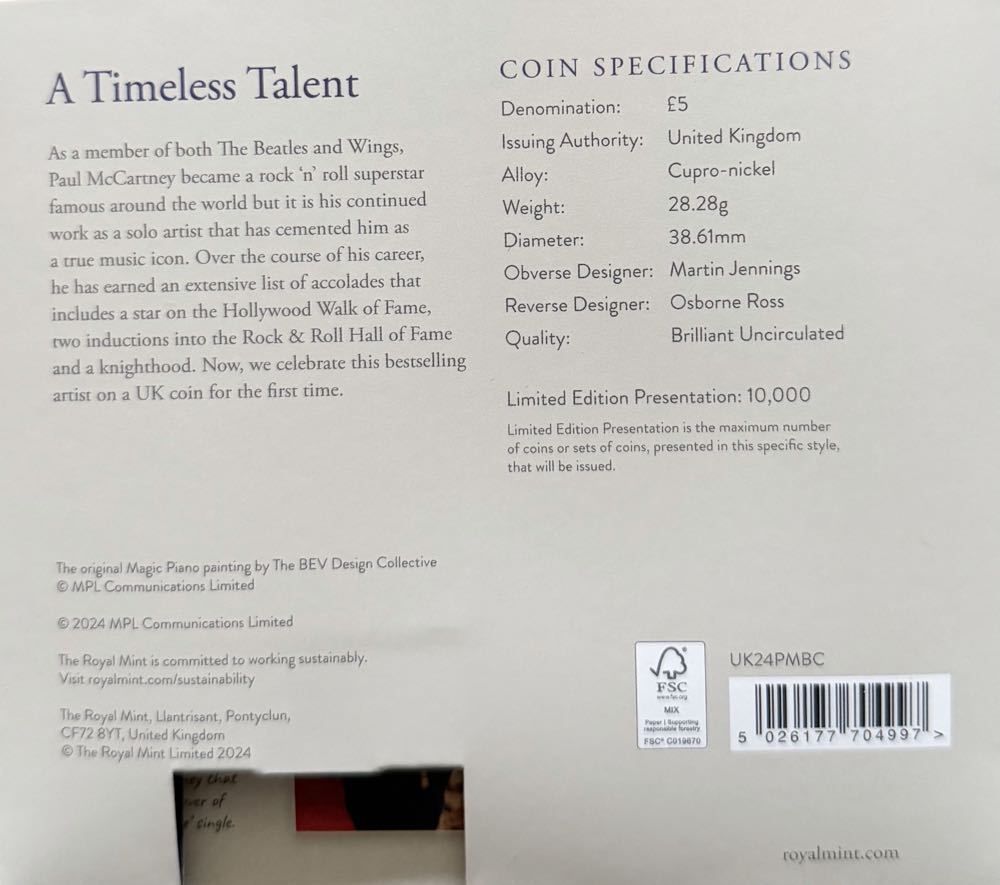 2024 Paul McCartney £5  coin collectible - Main Image 4