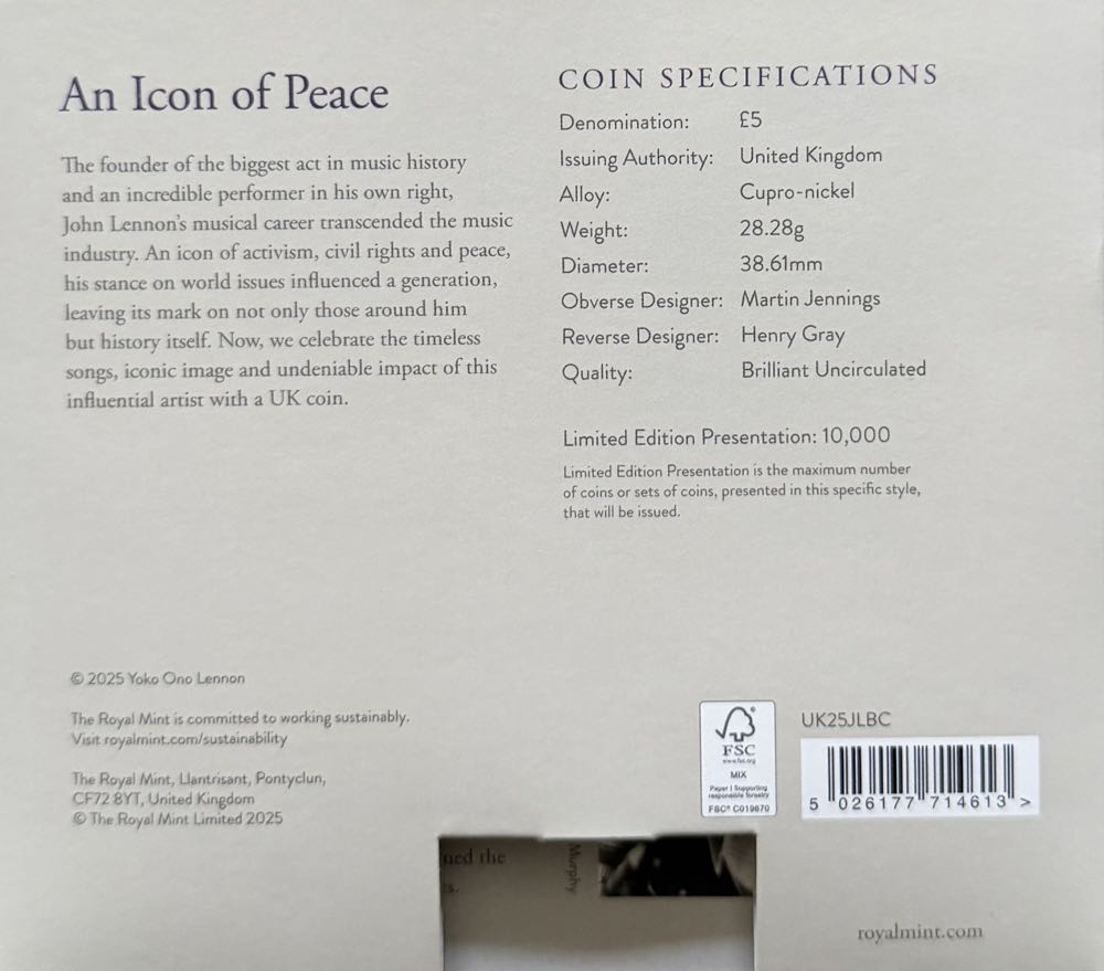 2025 John Lennon £5  coin collectible - Main Image 4