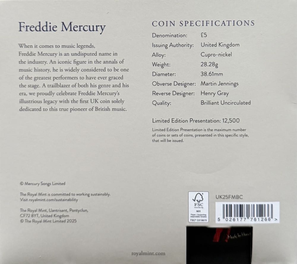 2025 Freddie Mercury £5  coin collectible - Main Image 4