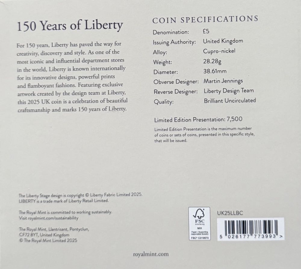 2025 Liberty 150 Years Of £5  coin collectible - Main Image 4