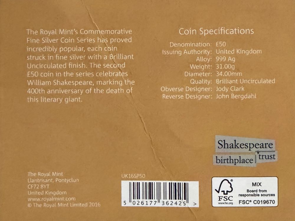 2016 William Shakespeare £50  coin collectible - Main Image 4