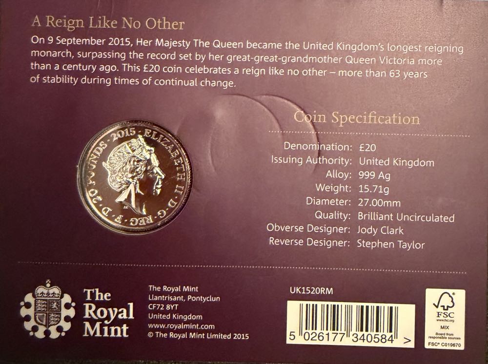 2015 The Longest Reigning Monarch £20  coin collectible - Main Image 4