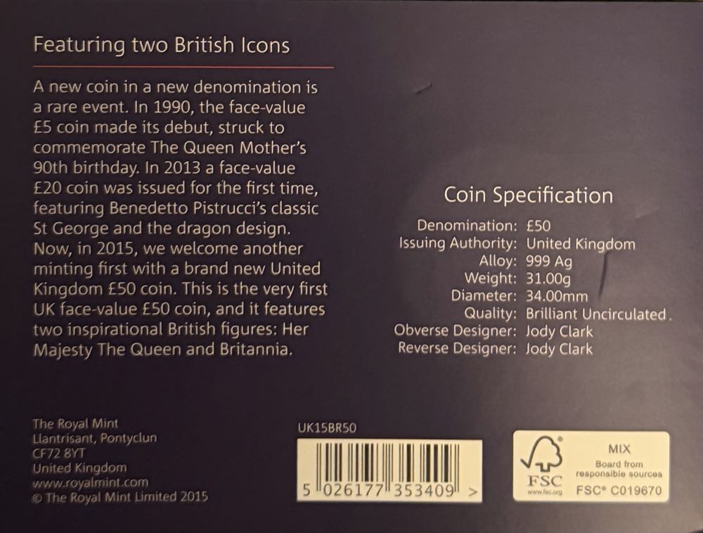 2015 Britannia £50  coin collectible - Main Image 4