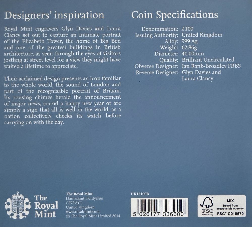 2015 Big Ben £100  coin collectible - Main Image 4