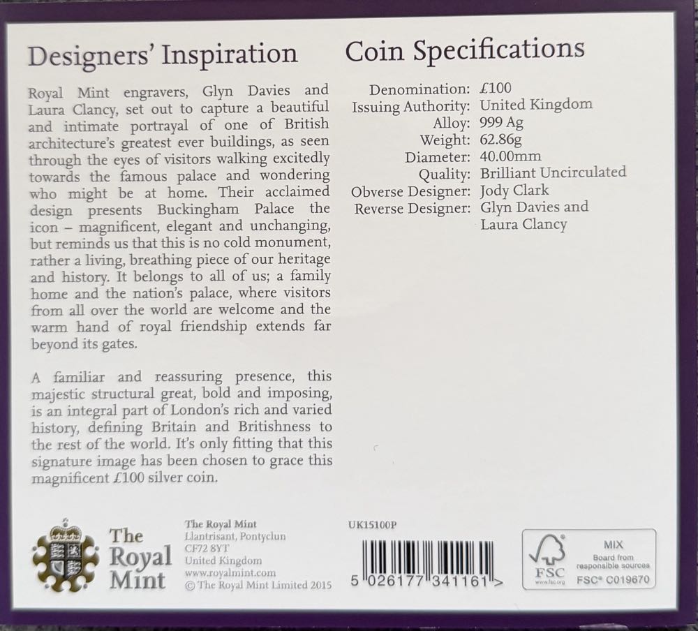 2015 Buckingham Palace £100  coin collectible - Main Image 4