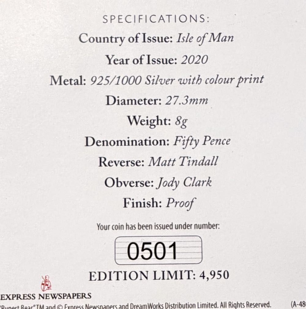 2020 Rupert Bear Silver 50p  coin collectible - Main Image 4
