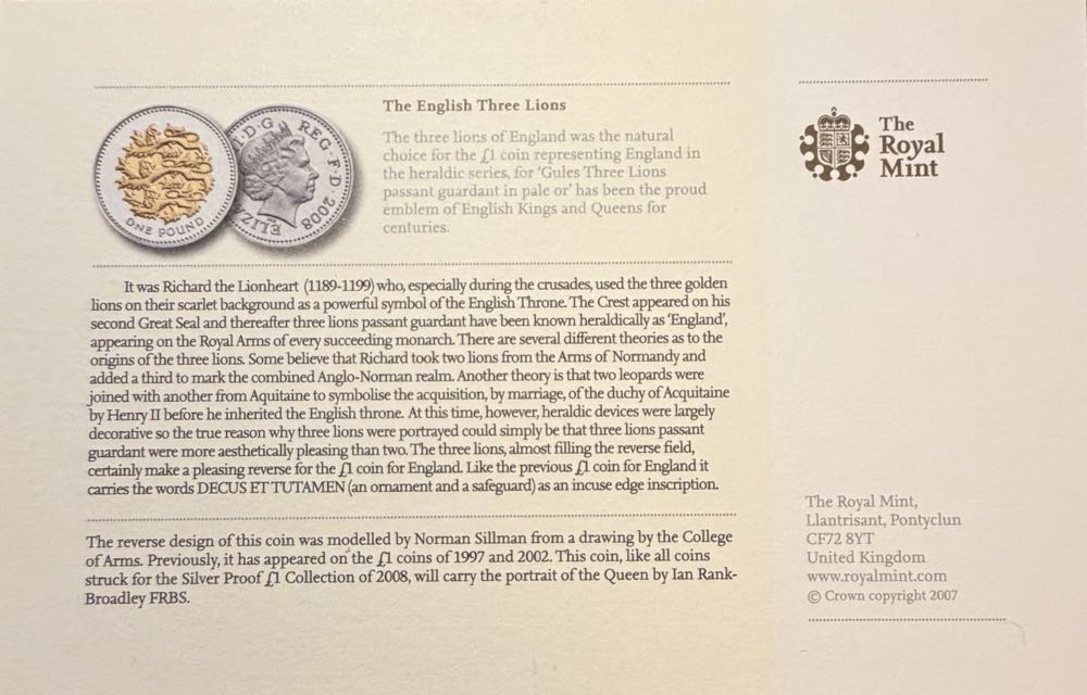 2008 The English Three Lions £1  coin collectible - Main Image 3
