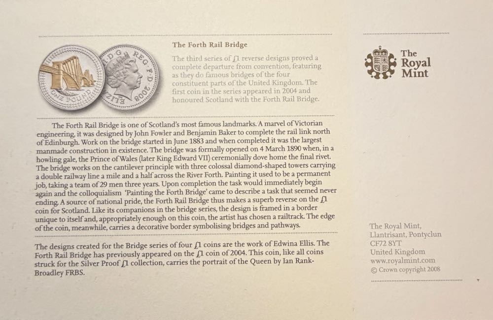 2008 The Forth Rail Bridge £1  coin collectible - Main Image 3