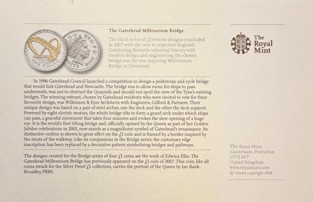2008 The Gateshead Millennium Bridge £1  coin collectible - Main Image 3