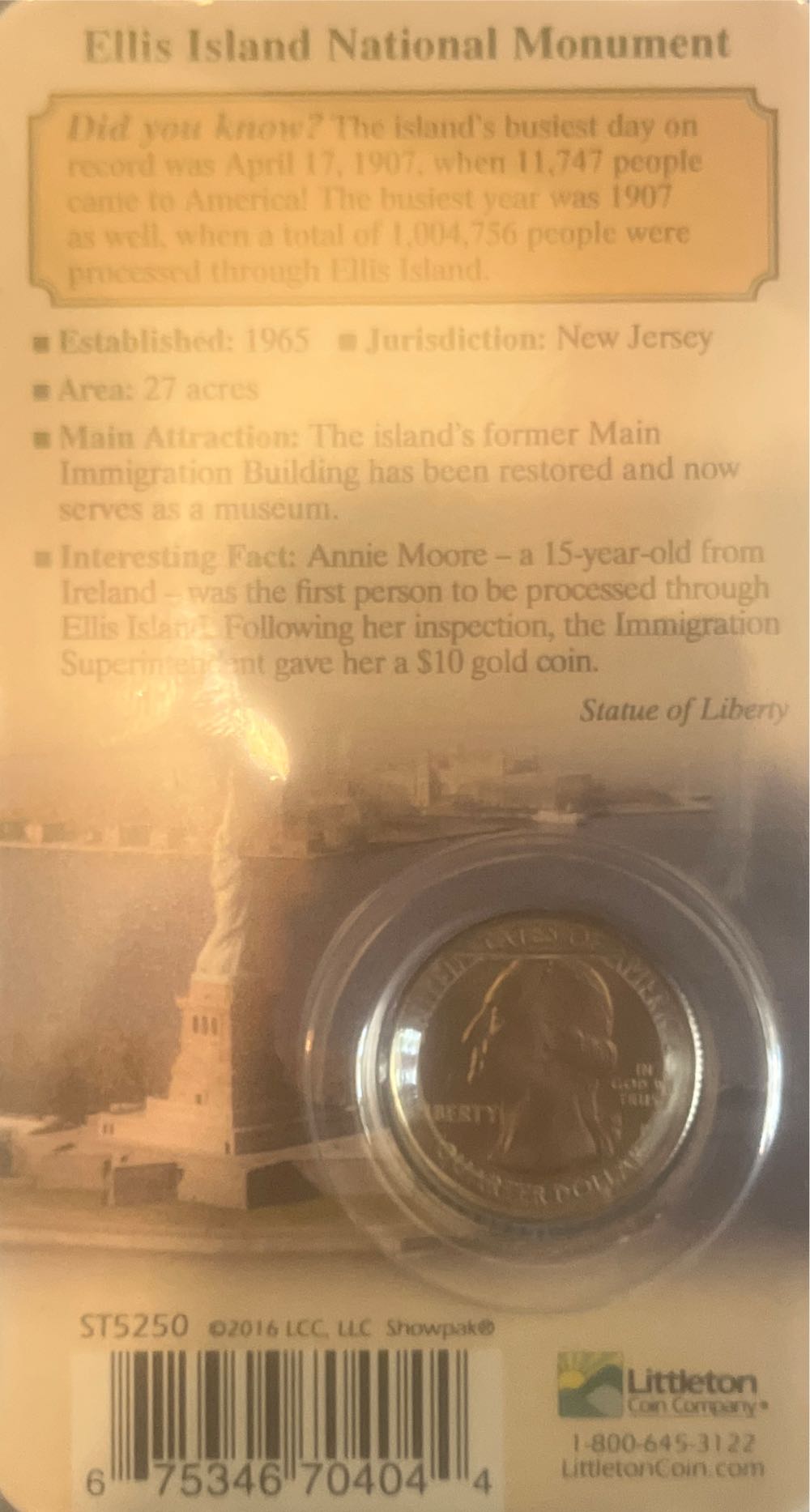 Ellis Island National Monument (Statue of Liberty) 2017-P Quarter  coin collectible [Barcode 675346704044] - Main Image 2