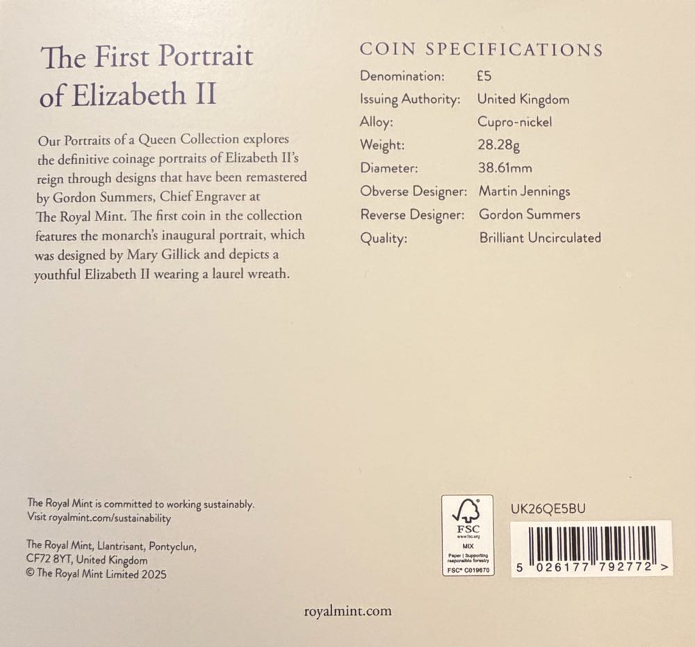 2026 Elizabeth II The First Effigy £5  coin collectible - Main Image 4