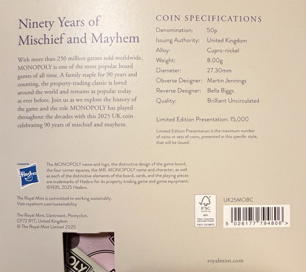 2025 Monopoly Colour 50p  coin collectible - Main Image 4