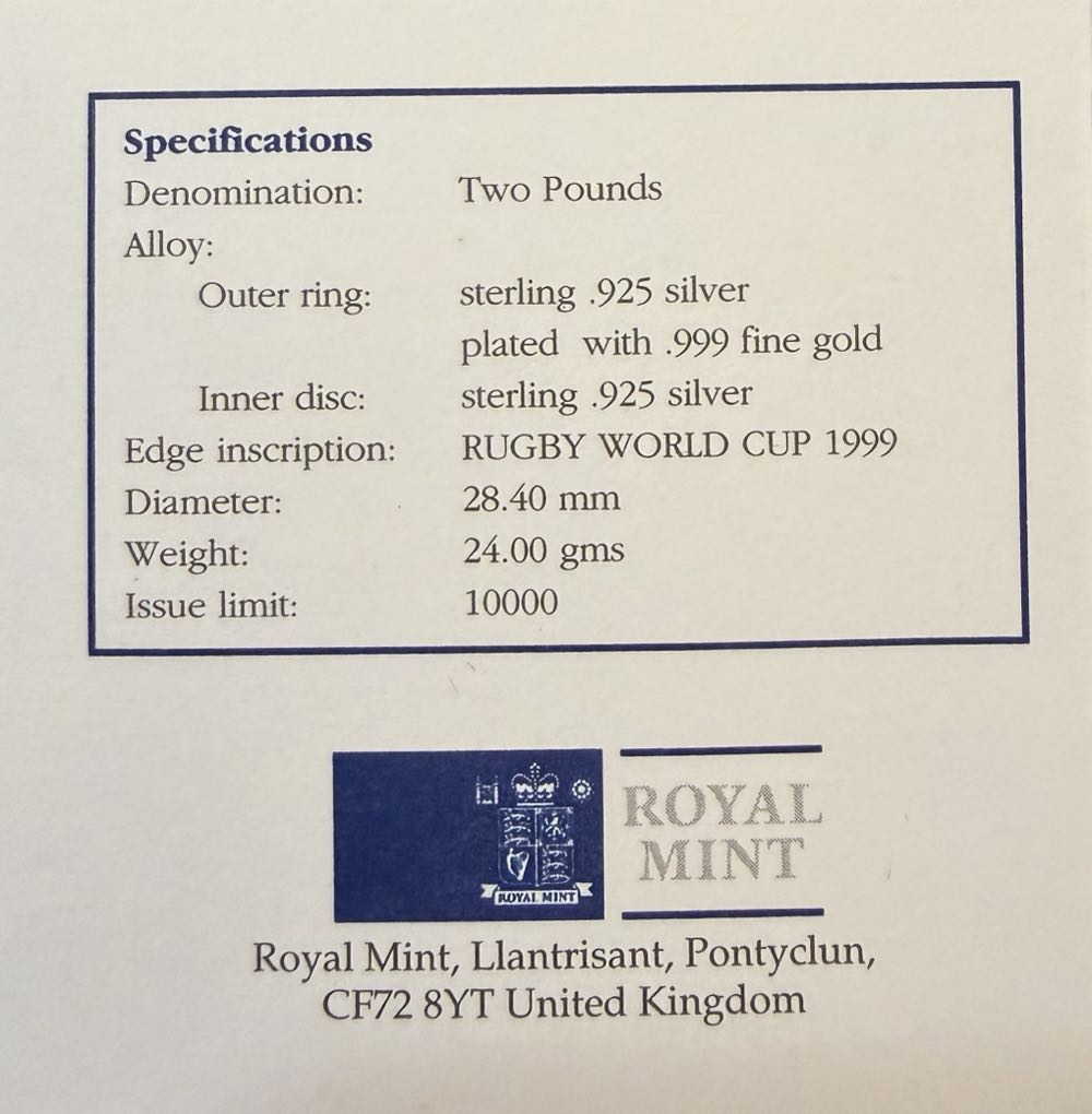 1999 Rugby World Cup Piedfort £2  coin collectible - Main Image 4